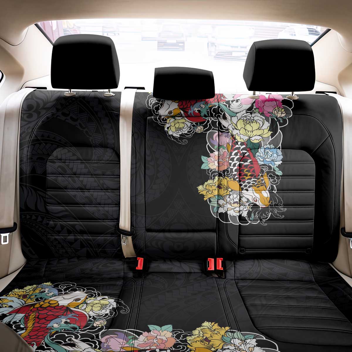 Hawaiian and Japanese Together Back Car Seat Cover Colorful Traditional Japanese Tattoo and Kakau Pattern Black Color LT03 - Polynesian Pride