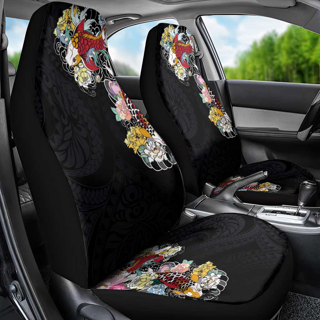 Hawaiian and Japanese Together Car Seat Cover Colorful Traditional Japanese Tattoo and Kakau Pattern Black Color LT03 - Polynesian Pride