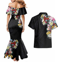 Hawaiian and Japanese Together Couples Matching Mermaid Dress and Hawaiian Shirt Colorful Traditional Japanese Tattoo and Kakau Pattern Black Color LT03 - Polynesian Pride