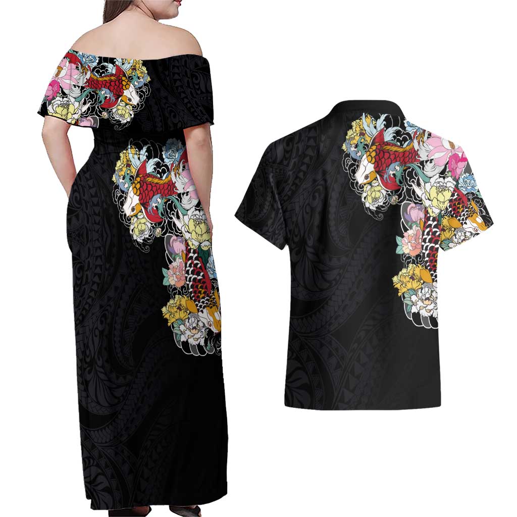 Hawaiian and Japanese Together Couples Matching Off Shoulder Maxi Dress and Hawaiian Shirt Colorful Traditional Japanese Tattoo and Kakau Pattern Black Color LT03 - Polynesian Pride