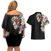 Hawaiian and Japanese Together Couples Matching Off Shoulder Short Dress and Hawaiian Shirt Colorful Traditional Japanese Tattoo and Kakau Pattern Black Color