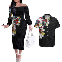 Hawaiian and Japanese Together Couples Matching Off The Shoulder Long Sleeve Dress and Hawaiian Shirt Colorful Traditional Japanese Tattoo and Kakau Pattern Black Color LT03 Black - Polynesian Pride