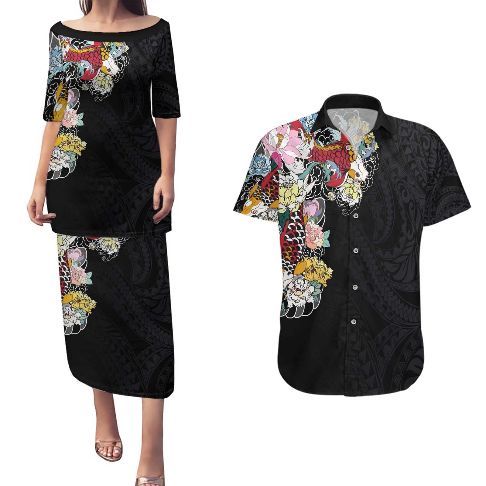 Hawaiian and Japanese Together Couples Matching Puletasi and Hawaiian Shirt Colorful Traditional Japanese Tattoo and Kakau Pattern Black Color