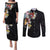 Hawaiian and Japanese Together Couples Matching Puletasi and Long Sleeve Button Shirt Colorful Traditional Japanese Tattoo and Kakau Pattern Black Color