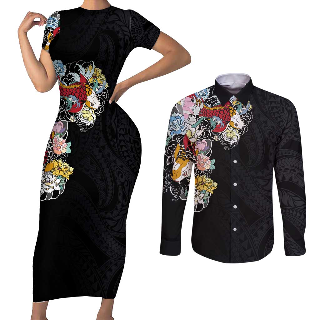 Hawaiian and Japanese Together Couples Matching Short Sleeve Bodycon Dress and Long Sleeve Button Shirt Colorful Traditional Japanese Tattoo and Kakau Pattern Black Color