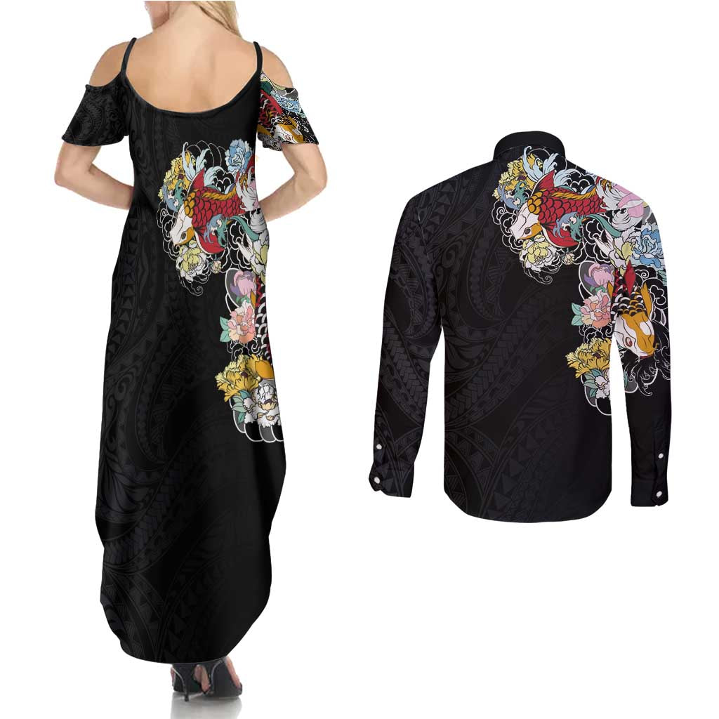 Hawaiian and Japanese Together Couples Matching Summer Maxi Dress and Long Sleeve Button Shirt Colorful Traditional Japanese Tattoo and Kakau Pattern Black Color