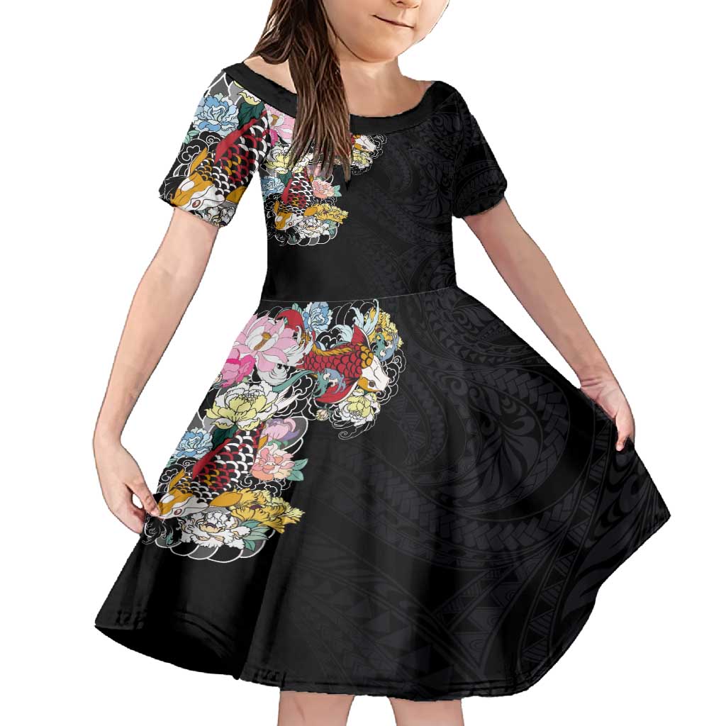 Hawaiian and Japanese Together Family Matching Long Sleeve Bodycon Dress and Hawaiian Shirt Colorful Traditional Japanese Tattoo and Kakau Pattern Black Color LT03 Daughter's Dress Black - Polynesian Pride