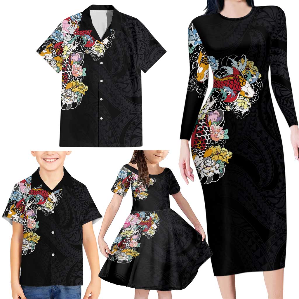 Hawaiian and Japanese Together Family Matching Long Sleeve Bodycon Dress and Hawaiian Shirt Colorful Traditional Japanese Tattoo and Kakau Pattern Black Color LT03 - Polynesian Pride