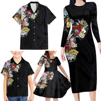 Hawaiian and Japanese Together Family Matching Long Sleeve Bodycon Dress and Hawaiian Shirt Colorful Traditional Japanese Tattoo and Kakau Pattern Black Color LT03 - Polynesian Pride
