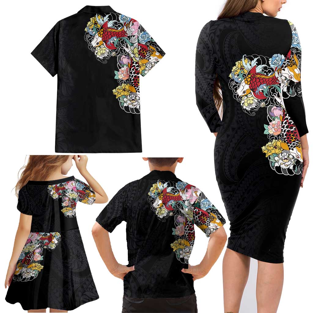 Hawaiian and Japanese Together Family Matching Long Sleeve Bodycon Dress and Hawaiian Shirt Colorful Traditional Japanese Tattoo and Kakau Pattern Black Color LT03 - Polynesian Pride