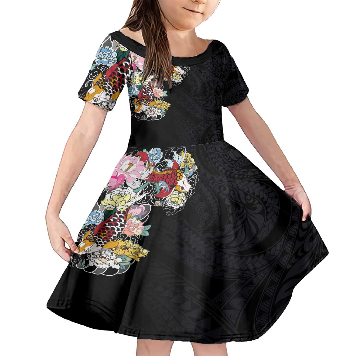 Hawaiian and Japanese Together Family Matching Off The Shoulder Long Sleeve Dress and Hawaiian Shirt Colorful Traditional Japanese Tattoo and Kakau Pattern Black Color LT03 Daughter's Dress Black - Polynesian Pride