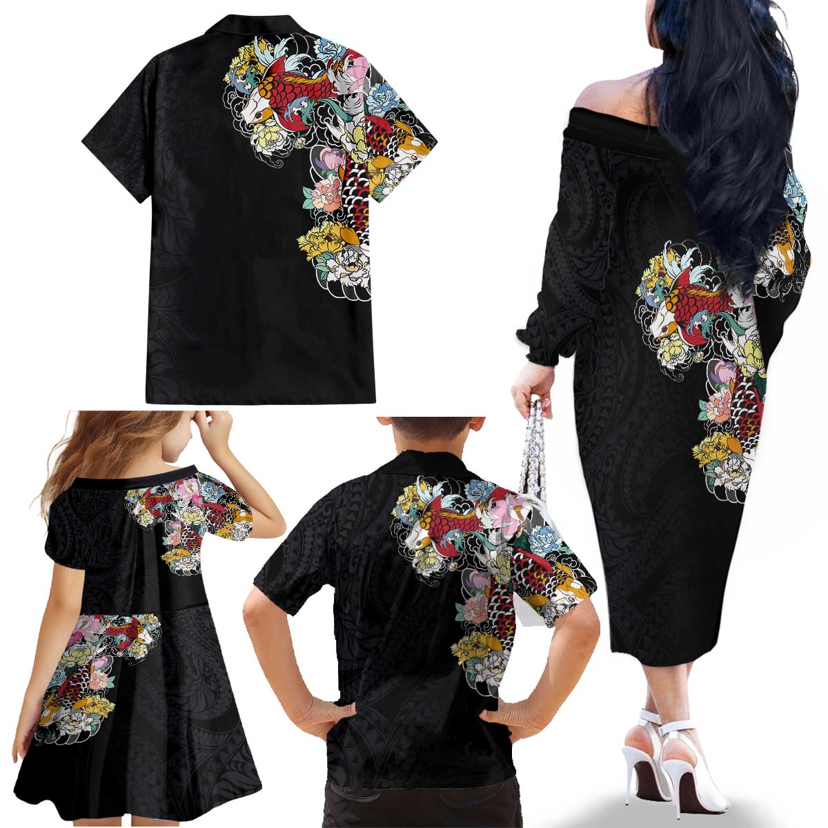 Hawaiian and Japanese Together Family Matching Off The Shoulder Long Sleeve Dress and Hawaiian Shirt Colorful Traditional Japanese Tattoo and Kakau Pattern Black Color LT03 - Polynesian Pride