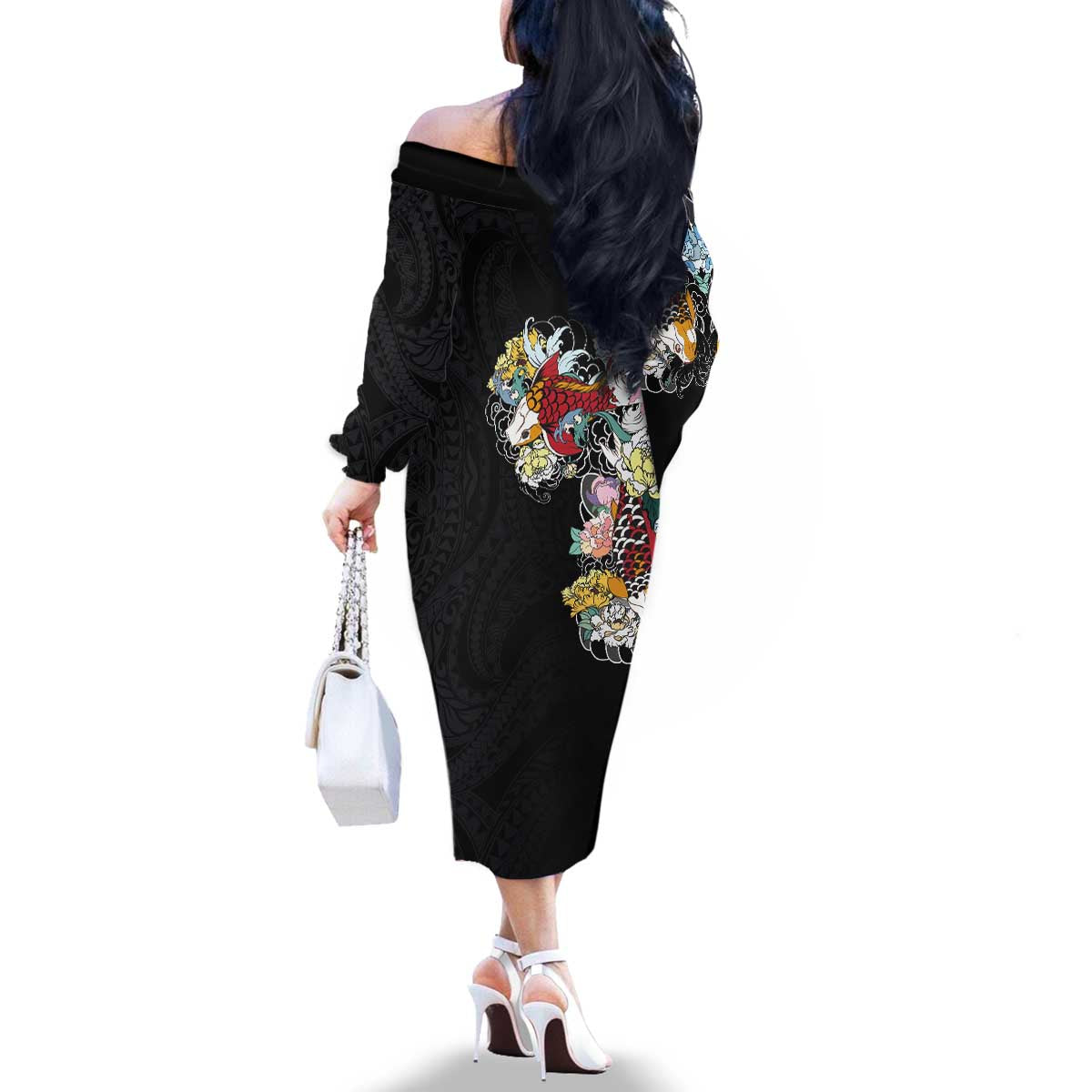 Hawaiian and Japanese Together Family Matching Off The Shoulder Long Sleeve Dress and Hawaiian Shirt Colorful Traditional Japanese Tattoo and Kakau Pattern Black Color LT03 - Polynesian Pride