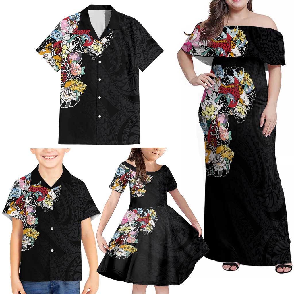 Hawaiian and Japanese Together Family Matching Off Shoulder Maxi Dress and Hawaiian Shirt Colorful Traditional Japanese Tattoo and Kakau Pattern Black Color LT03 - Polynesian Pride