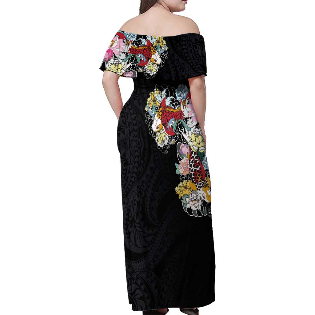 Hawaiian and Japanese Together Family Matching Off Shoulder Maxi Dress and Hawaiian Shirt Colorful Traditional Japanese Tattoo and Kakau Pattern Black Color LT03 - Polynesian Pride