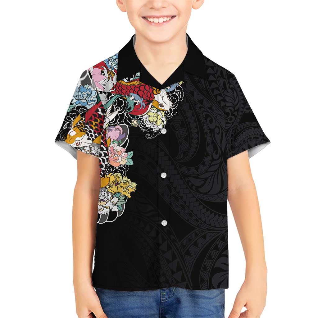 Hawaiian and Japanese Together Family Matching Off Shoulder Maxi Dress and Hawaiian Shirt Colorful Traditional Japanese Tattoo and Kakau Pattern Black Color LT03 Son's Shirt Black - Polynesian Pride