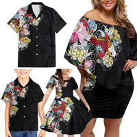 Hawaiian and Japanese Together Family Matching Off Shoulder Short Dress and Hawaiian Shirt Colorful Traditional Japanese Tattoo and Kakau Pattern Black Color LT03 - Polynesian Pride