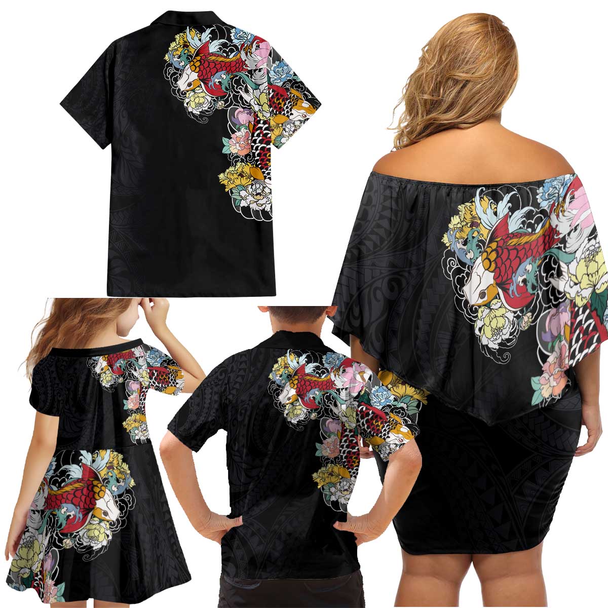 Hawaiian and Japanese Together Family Matching Off Shoulder Short Dress and Hawaiian Shirt Colorful Traditional Japanese Tattoo and Kakau Pattern Black Color LT03 - Polynesian Pride
