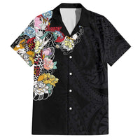 Hawaiian and Japanese Together Family Matching Off Shoulder Short Dress and Hawaiian Shirt Colorful Traditional Japanese Tattoo and Kakau Pattern Black Color LT03 Dad's Shirt - Short Sleeve Black - Polynesian Pride