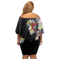 Hawaiian and Japanese Together Family Matching Off Shoulder Short Dress and Hawaiian Shirt Colorful Traditional Japanese Tattoo and Kakau Pattern Black Color LT03 - Polynesian Pride