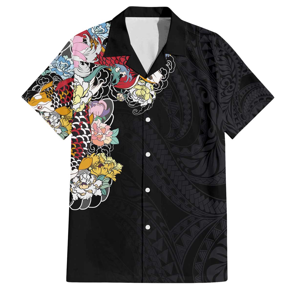 Hawaiian and Japanese Together Family Matching Puletasi and Hawaiian Shirt Colorful Traditional Japanese Tattoo and Kakau Pattern Black Color LT03 Dad's Shirt - Short Sleeve Black - Polynesian Pride