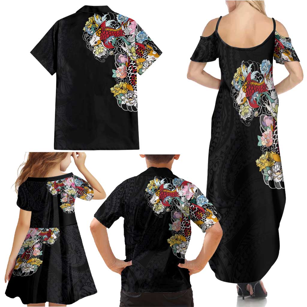 Hawaiian and Japanese Together Family Matching Summer Maxi Dress and Hawaiian Shirt Colorful Traditional Japanese Tattoo and Kakau Pattern Black Color LT03 - Polynesian Pride