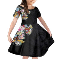 Hawaiian and Japanese Together Family Matching Tank Maxi Dress and Hawaiian Shirt Colorful Traditional Japanese Tattoo and Kakau Pattern Black Color LT03 Daughter's Dress Black - Polynesian Pride