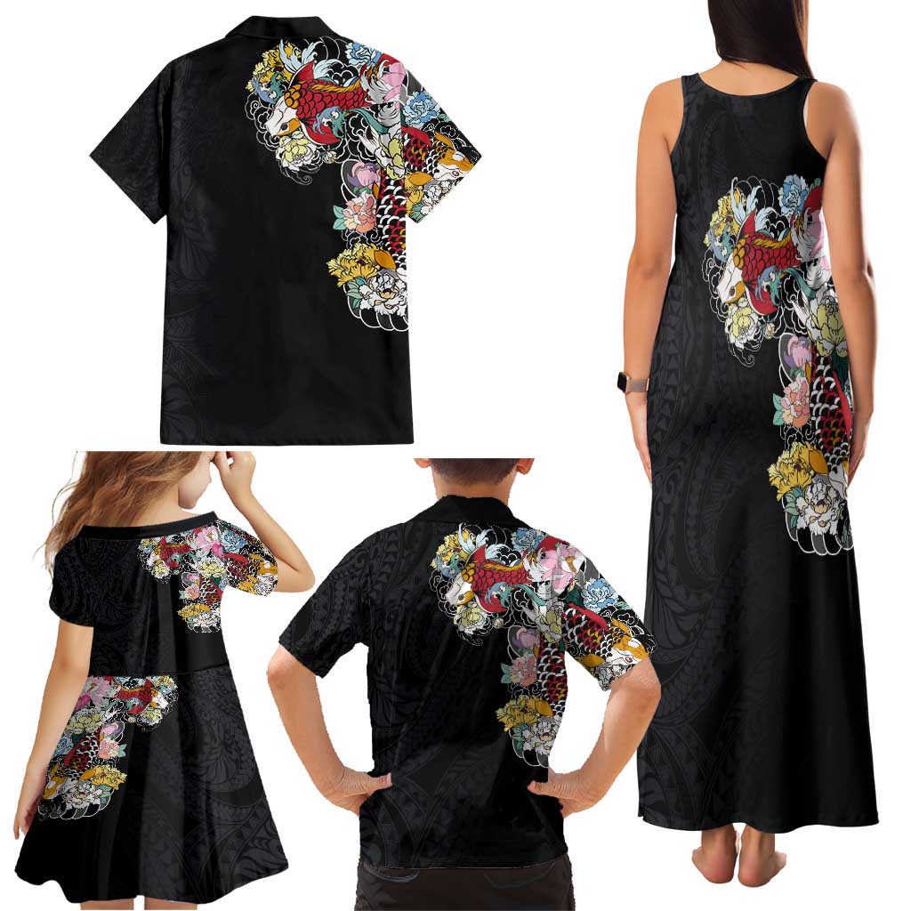 Hawaiian and Japanese Together Family Matching Tank Maxi Dress and Hawaiian Shirt Colorful Traditional Japanese Tattoo and Kakau Pattern Black Color LT03 - Polynesian Pride