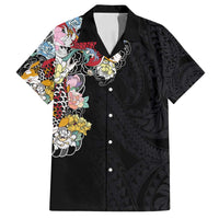 Hawaiian and Japanese Together Family Matching Tank Maxi Dress and Hawaiian Shirt Colorful Traditional Japanese Tattoo and Kakau Pattern Black Color LT03 Dad's Shirt - Short Sleeve Black - Polynesian Pride