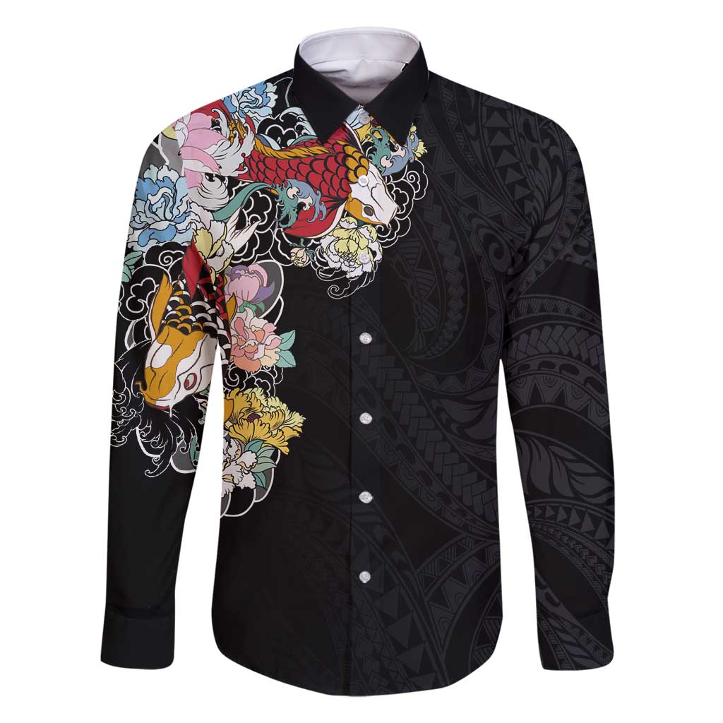 Hawaiian and Japanese Together Family Matching Tank Maxi Dress and Hawaiian Shirt Colorful Traditional Japanese Tattoo and Kakau Pattern Black Color LT03 Dad's Shirt - Long Sleeve Black - Polynesian Pride
