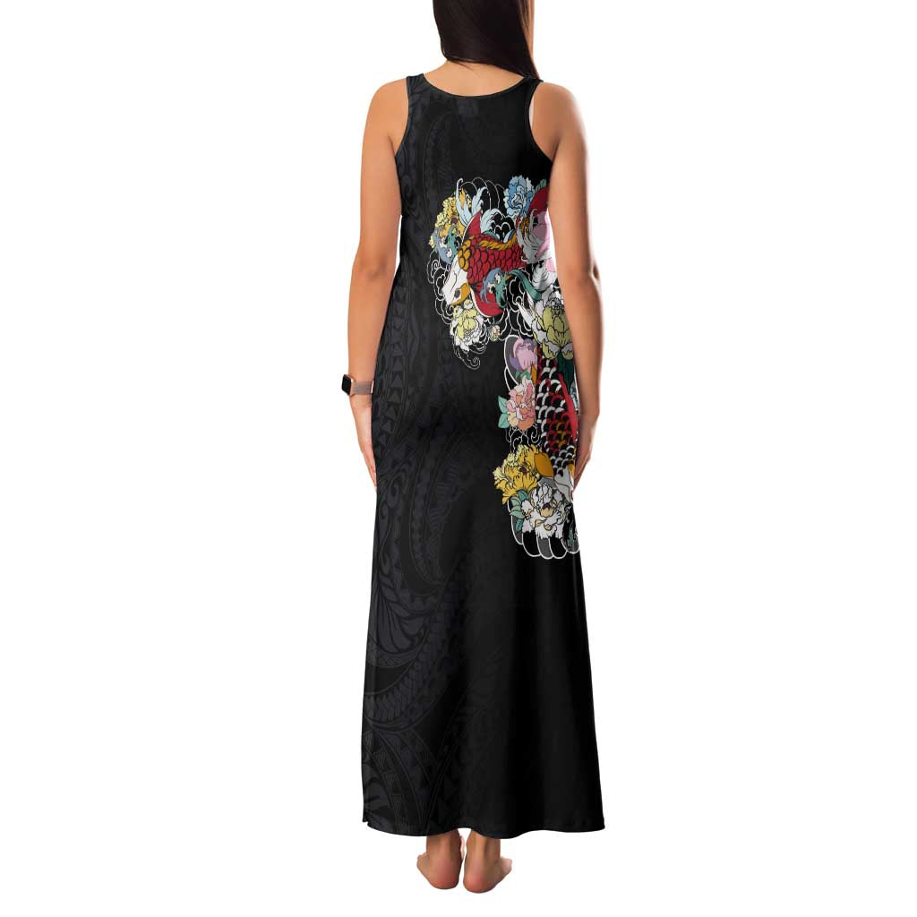 Hawaiian and Japanese Together Family Matching Tank Maxi Dress and Hawaiian Shirt Colorful Traditional Japanese Tattoo and Kakau Pattern Black Color LT03 - Polynesian Pride