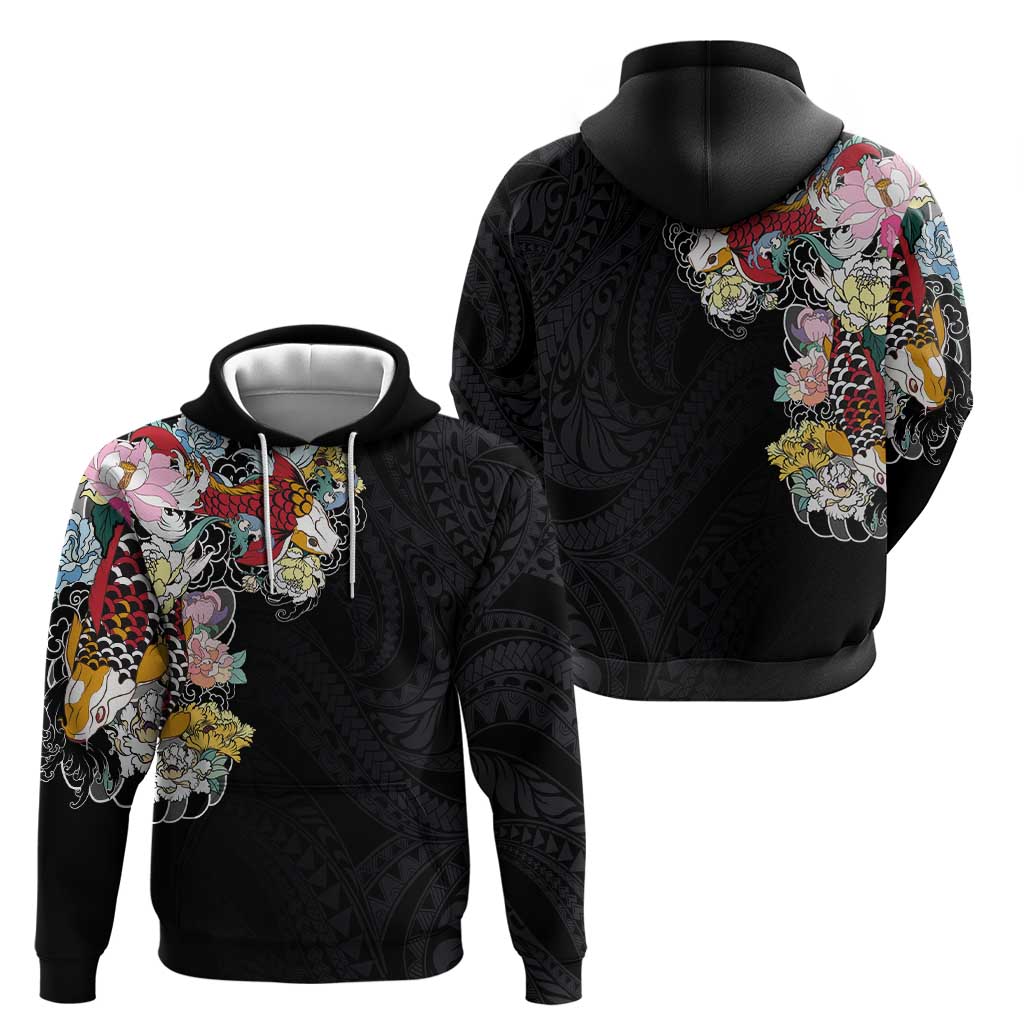 Hawaiian and Japanese Together Hoodie Colorful Traditional Japanese Tattoo and Kakau Pattern Black Color LT03 - Polynesian Pride