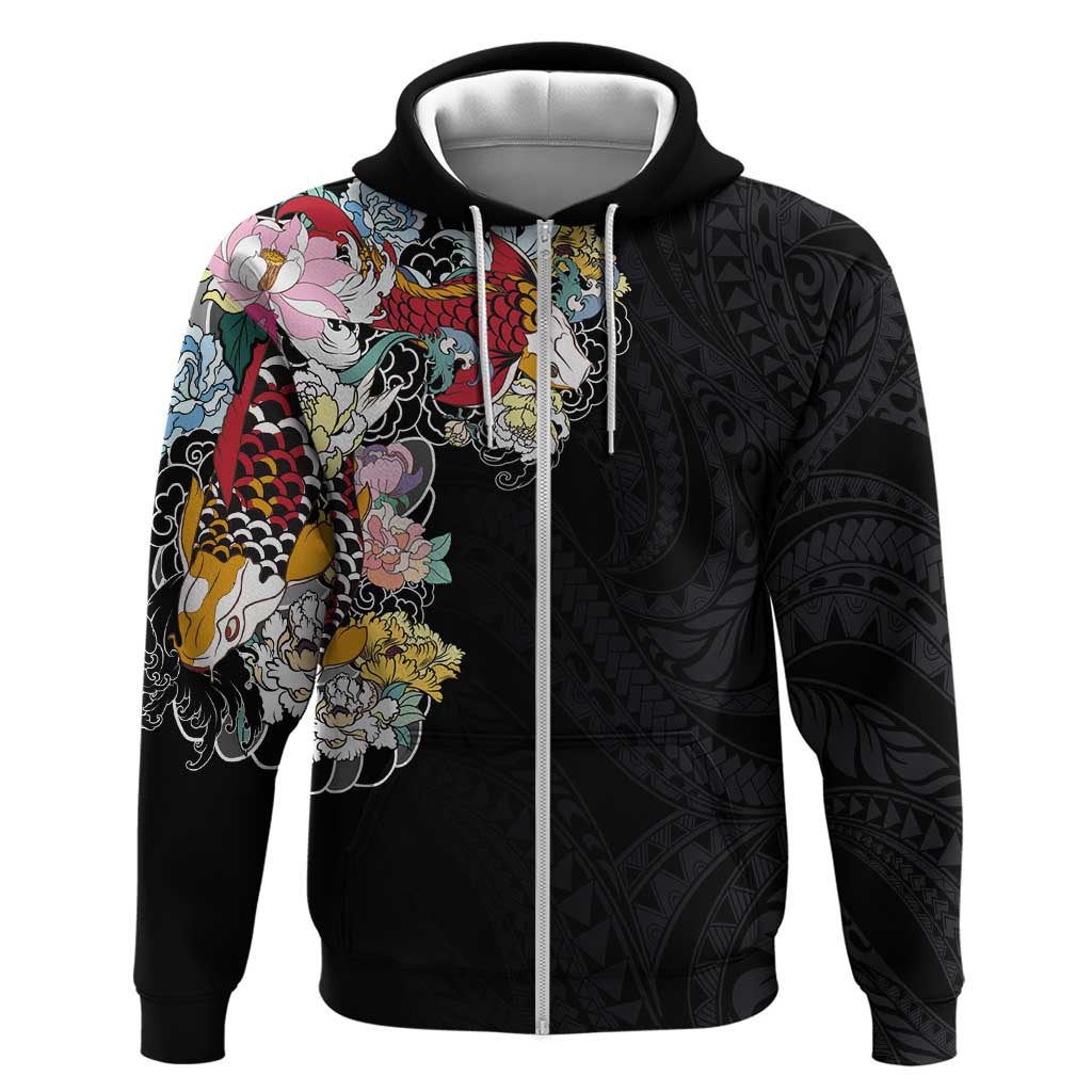 Hawaiian and Japanese Together Hoodie Colorful Traditional Japanese Tattoo and Kakau Pattern Black Color LT03 Zip Hoodie Black - Polynesian Pride