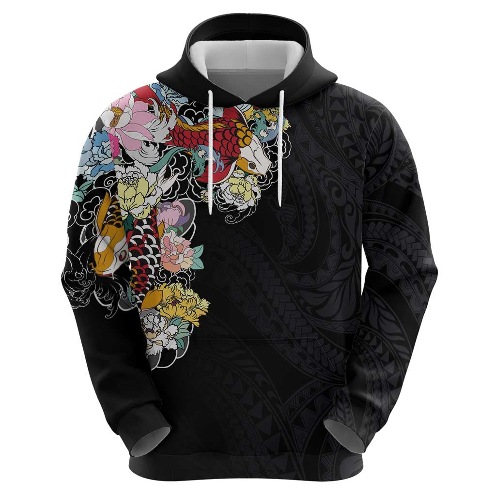 Hawaiian and Japanese Together Hoodie Colorful Traditional Japanese Tattoo and Kakau Pattern Black Color LT03 - Polynesian Pride