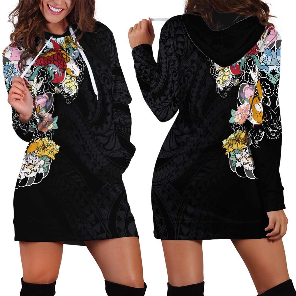 Hawaiian and Japanese Together Hoodie Dress Colorful Traditional Japanese Tattoo and Kakau Pattern Black Color LT03 - Polynesian Pride