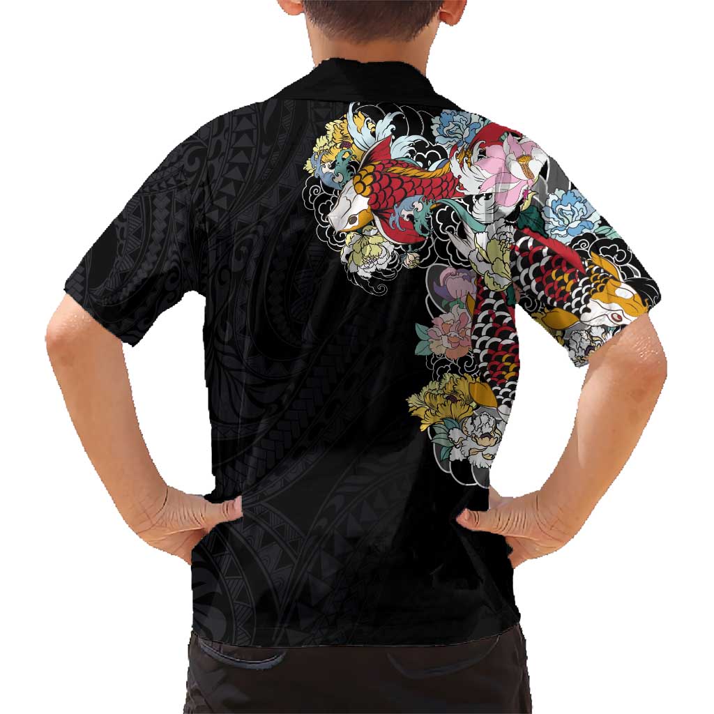 Hawaiian and Japanese Together Kid Hawaiian Shirt Colorful Traditional Japanese Tattoo and Kakau Pattern Black Color LT03 - Polynesian Pride