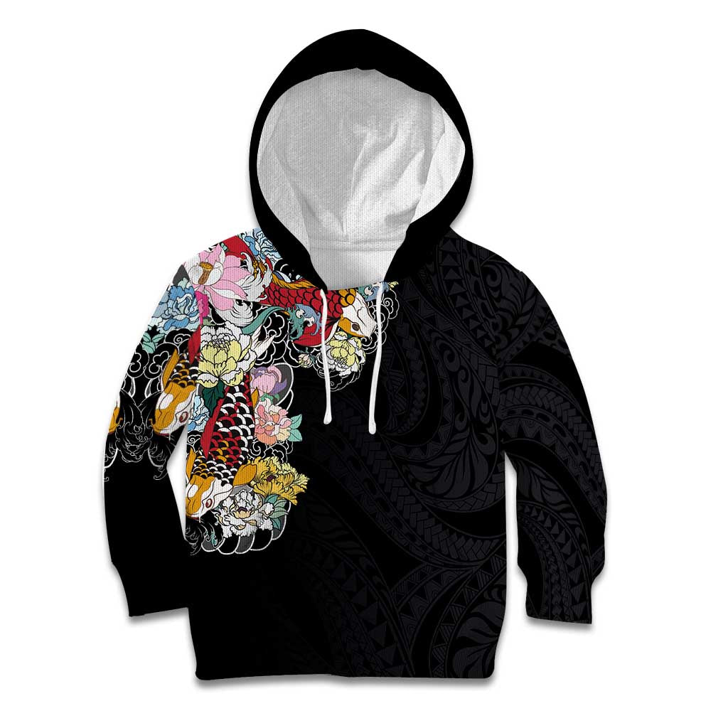 Hawaiian and Japanese Together Kid Hoodie Colorful Traditional Japanese Tattoo and Kakau Pattern Black Color LT03 Hoodie Black - Polynesian Pride