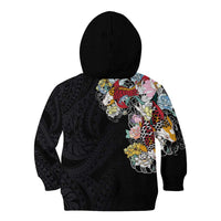 Hawaiian and Japanese Together Kid Hoodie Colorful Traditional Japanese Tattoo and Kakau Pattern Black Color LT03 - Polynesian Pride