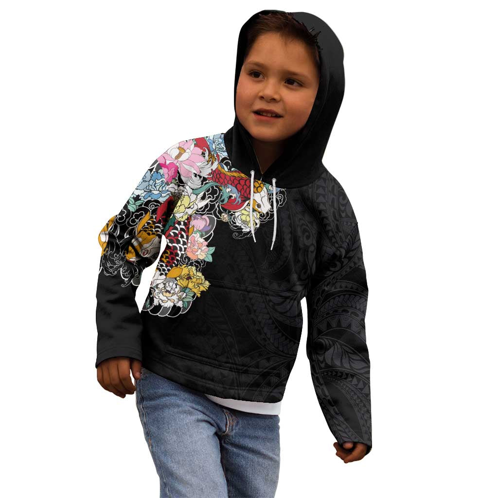 Hawaiian and Japanese Together Kid Hoodie Colorful Traditional Japanese Tattoo and Kakau Pattern Black Color LT03 - Polynesian Pride