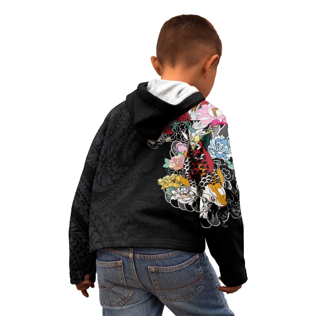 Hawaiian and Japanese Together Kid Hoodie Colorful Traditional Japanese Tattoo and Kakau Pattern Black Color LT03 - Polynesian Pride