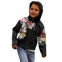 Hawaiian and Japanese Together Kid Hoodie Colorful Traditional Japanese Tattoo and Kakau Pattern Black Color LT03 - Polynesian Pride