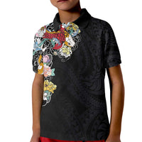 Hawaiian and Japanese Together Kid Polo Shirt Colorful Traditional Japanese Tattoo and Kakau Pattern Black Color LT03 Kid Black - Polynesian Pride