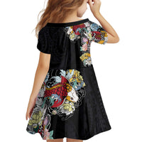 Hawaiian and Japanese Together Kid Short Sleeve Dress Colorful Traditional Japanese Tattoo and Kakau Pattern Black Color LT03 - Polynesian Pride