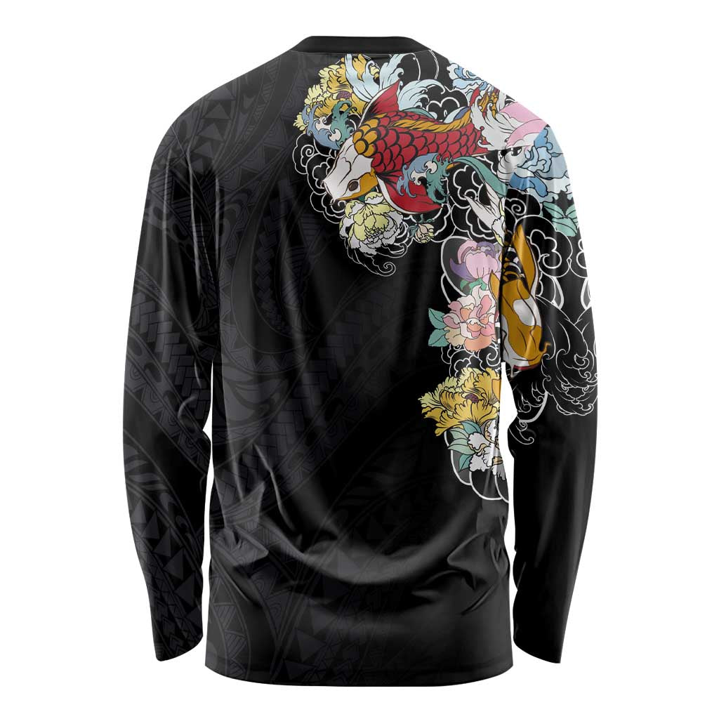 Hawaiian and Japanese Together Long Sleeve Shirt Colorful Traditional Japanese Tattoo and Kakau Pattern Black Color LT03 - Polynesian Pride