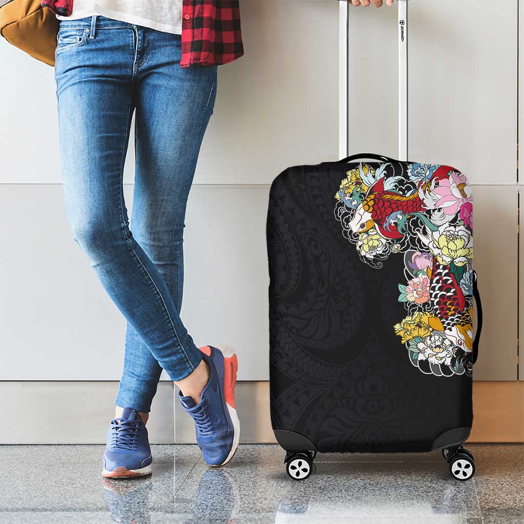 Hawaiian and Japanese Together Luggage Cover Colorful Traditional Japanese Tattoo and Kakau Pattern Black Color LT03 - Polynesian Pride
