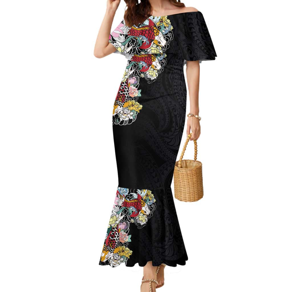Hawaiian and Japanese Together Mermaid Dress Colorful Traditional Japanese Tattoo and Kakau Pattern Black Color LT03 Women Black - Polynesian Pride
