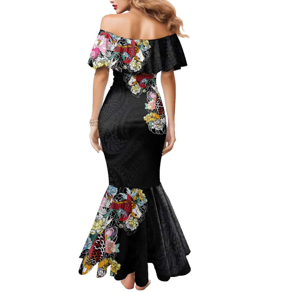 Hawaiian and Japanese Together Mermaid Dress Colorful Traditional Japanese Tattoo and Kakau Pattern Black Color LT03 - Polynesian Pride