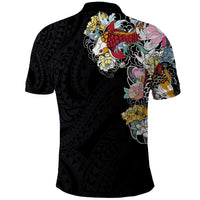 Hawaiian and Japanese Together Polo Shirt - Colorful Traditional Japanese Tattoo and Kakau Pattern Black LT03 - Polynesian Pride