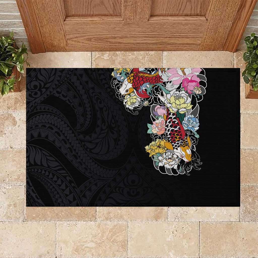 Hawaiian and Japanese Together Rubber Doormat Colorful Traditional Japanese Tattoo and Kakau Pattern Black Color LT03 Black - Polynesian Pride