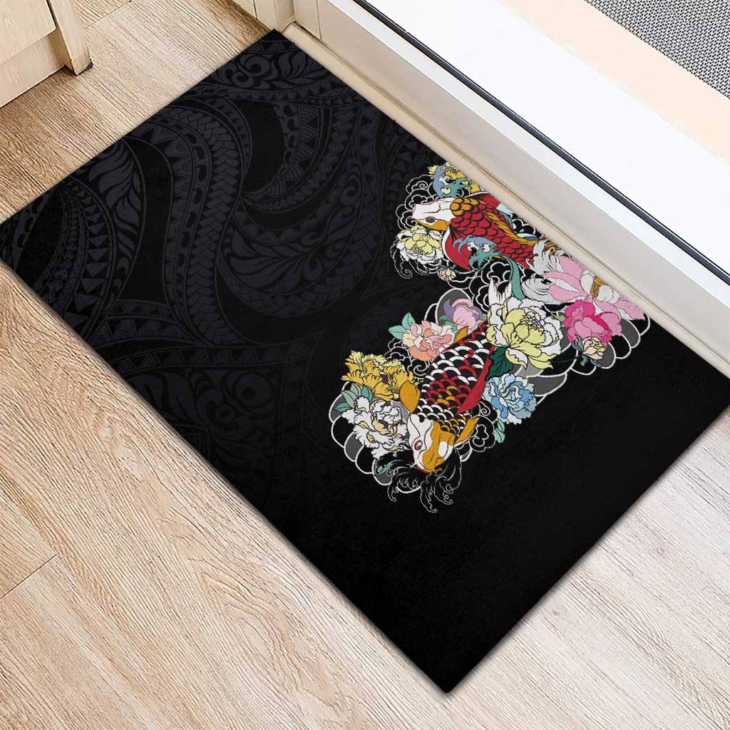 Hawaiian and Japanese Together Rubber Doormat Colorful Traditional Japanese Tattoo and Kakau Pattern Black Color LT03 - Polynesian Pride